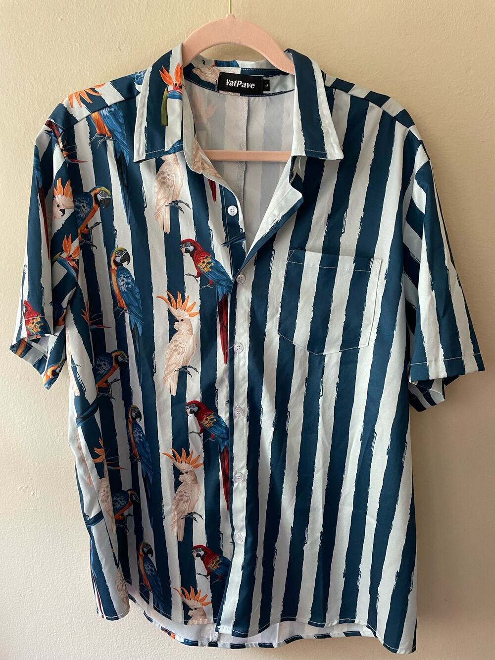 Size Large Vatpave Summer Beach Short Sleeve Shirt Parrot Stripe